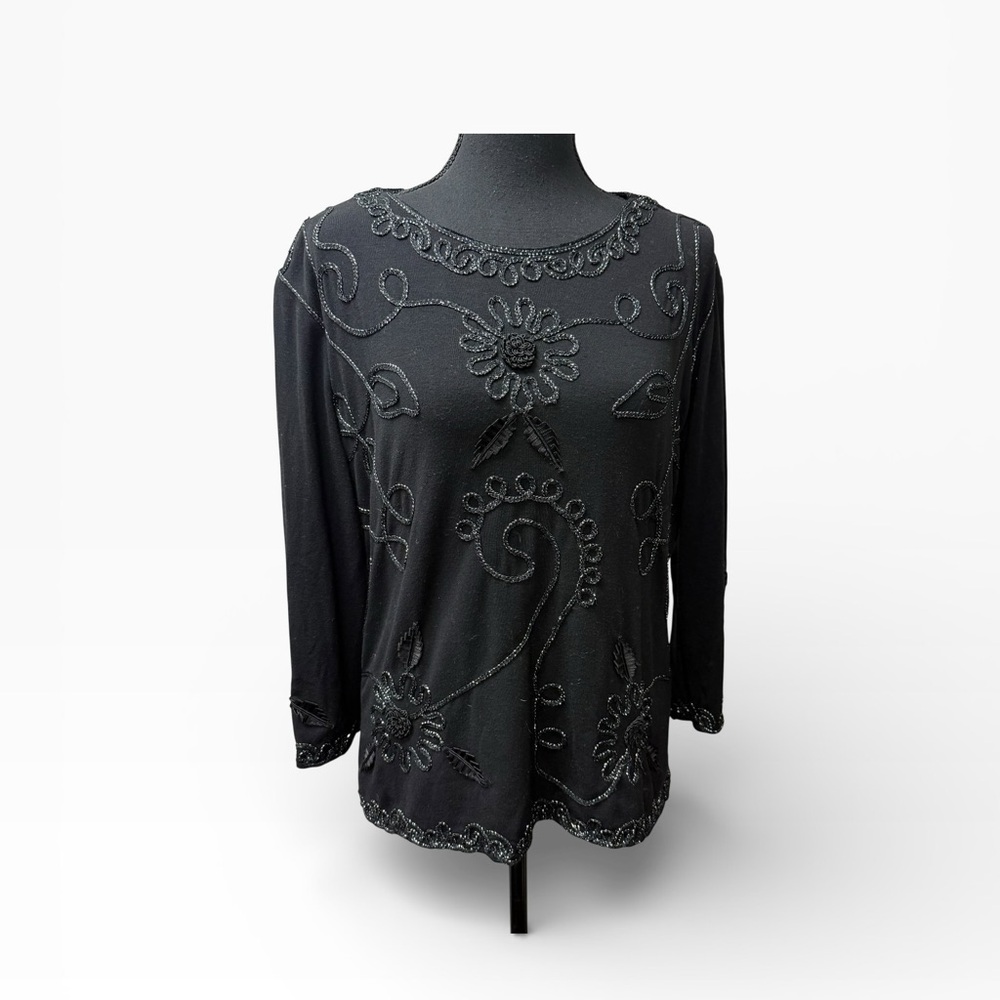 Investments II Black Beaded Floral Sheer Overlay Blouse Top 3X Evening Chic